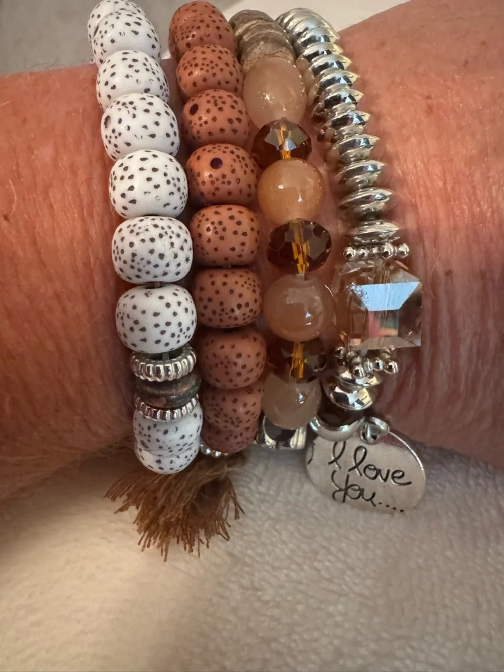 Boho Beaded Multi-Strand Charm Bracelet - I Love You Pendant - Brown & White - Picture 2 of 4